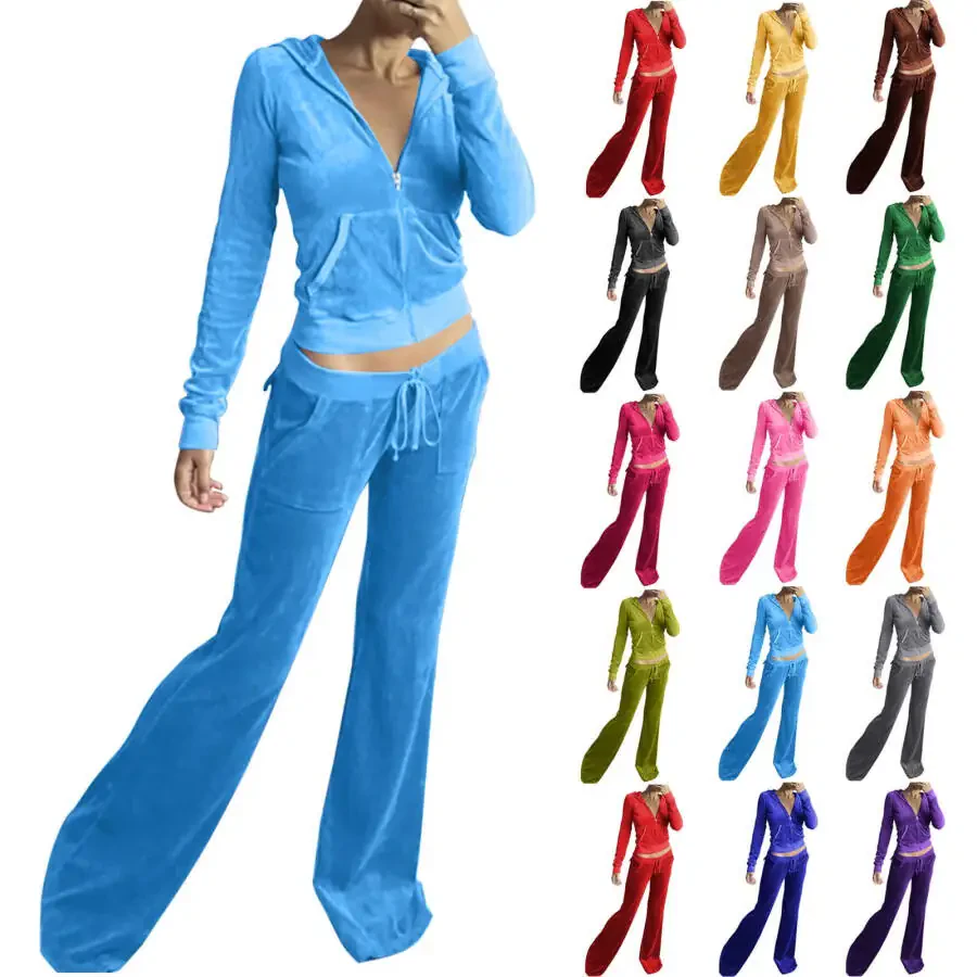 Lovskoo 2 Piece Outfits Velour Tracksuit for Women Zip Up Hoodie Velvet Crop Jacket and Bell Bottoms Long Pants with Pockets Jogging Sweatsuit Workout Sets Sky Blue- - 9