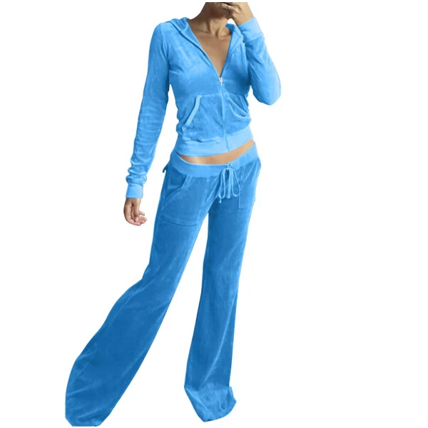 Lovskoo 2 Piece Outfits Velour Tracksuit for Women Zip Up Hoodie Velvet Crop Jacket and Bell Bottoms Long Pants with Pockets Jogging Sweatsuit Workout Sets Sky Blue - LOVSKOO