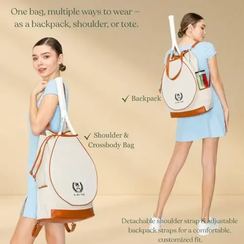 Mini Momo Tennis Bag for Women Racket Tote, Stylish Backpack - Unisex Racquet Sports Pickleball Bag Convertible Shoulder, Crossbody Strap Large Compartment - 5