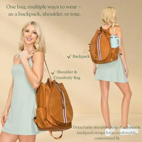 Mini Momo Tennis Bag for Women Racket Tote, Stylish Backpack - Unisex Racquet Sports Pickleball Bag Convertible Shoulder, Crossbody Strap Large Compartment - 5