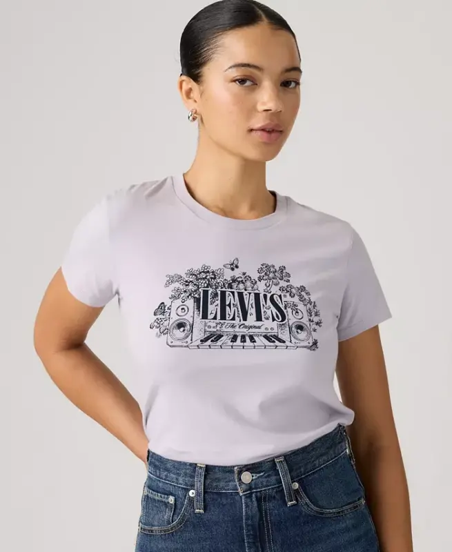 Women's Perfect Graphic Logo Cotton T-Shirt - Serif Synth Lavender Blue - 4