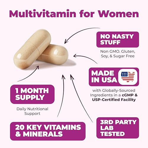 Kadınlar İçin Multivitamin - Enerji, Ruh Hali, Saç, Cilt ve Tırnaklar İçin Kadın Multivitamini ve Multimineral Takviyesi - Kadınlar İçin Günlük Multivitaminler A, B, C, D, E, Çinko, Kalsiyum ve Daha Fazlası. Kadın Vitaminleri Kapsülleri - 2