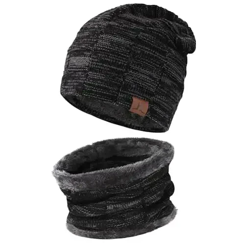 Mens Winter Beanie Hats Scarf Set Warm Knit Skull Cap Neck Warmer with Fleece Lined Winter Hat for Women - 2
