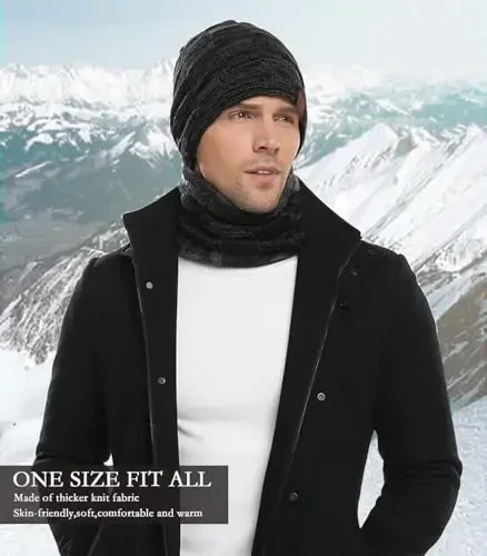 Mens Winter Beanie Hats Scarf Set Warm Knit Skull Cap Neck Warmer with Fleece Lined Winter Hat for Women - 5