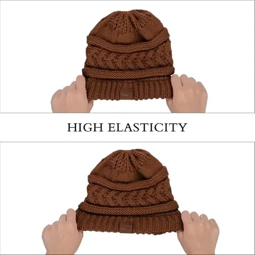 Rosoz 1&2 Packs Ponytail Beanie for Women,Winter Warm Beanie Tail Soft Stretch Cable Knit Messy High Bun Hat - 5