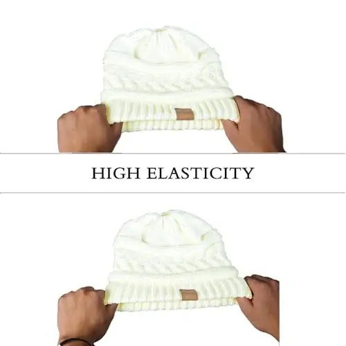 Rosoz 1&2 Packs Ponytail Beanie for Women,Winter Warm Beanie Tail Soft Stretch Cable Knit Messy High Bun Hat - 5