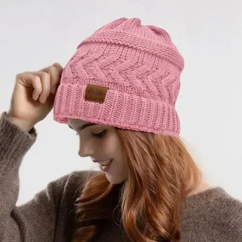 Rosoz 2 Pack Ponytail Beanie for Women,Winter Warm Beanie Tail Soft Stretch Cable Knit Messy High Bun Hat - 6