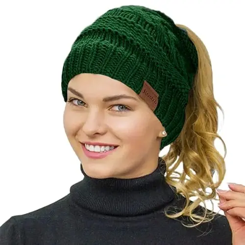 Rosoz 2 Pack Ponytail Beanie for Women,Winter Warm Beanie Tail Soft Stretch Cable Knit Messy High Bun Hat - 2