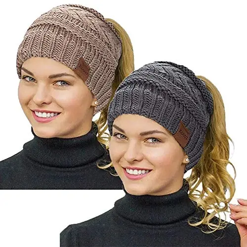 Rosoz 2 Pack Ponytail Beanie for Women,Winter Warm Beanie Tail Soft Stretch Cable Knit Messy High Bun Hat - 1