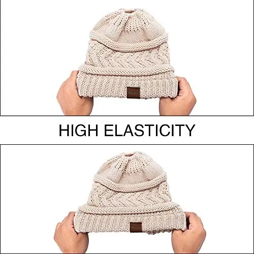 Rosoz 2 Pack Ponytail Beanie for Women,Winter Warm Beanie Tail Soft Stretch Cable Knit Messy High Bun Hat - 6