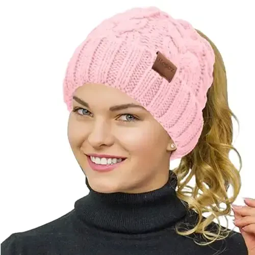 Rosoz Ponytail Beanie for Women,Winter Warm Beanie Tail Soft Stretch Cable Knit Messy High Bun Hat 