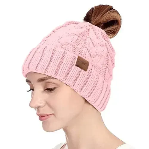 Rosoz Ponytail Beanie for Women,Winter Warm Beanie Tail Soft Stretch Cable Knit Messy High Bun Hat - ROSOZ (1)