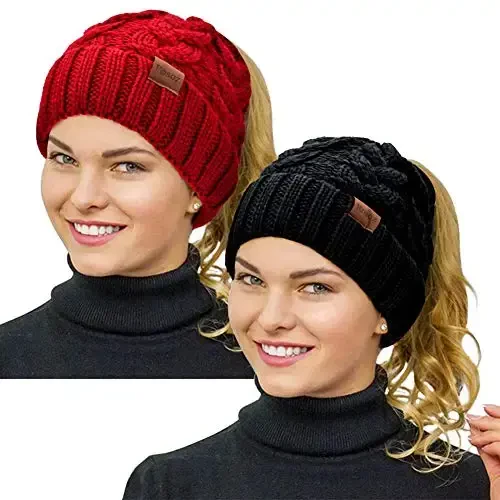 Rosoz Ponytail Beanie for Women,Winter Warm Beanie Tail Soft Stretch Cable Knit Messy High Bun Hat - ROSOZ