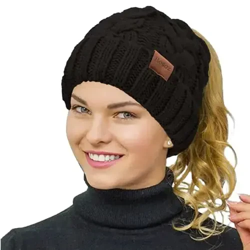 Rosoz Ponytail Beanie for Women,Winter Warm Beanie Tail Soft Stretch Cable Knit Messy High Bun Hat - 2