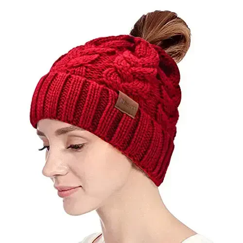 Rosoz Ponytail Beanie for Women,Winter Warm Beanie Tail Soft Stretch Cable Knit Messy High Bun Hat - 3