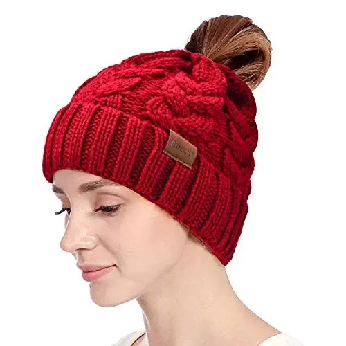Rosoz Ponytail Beanie for Women,Winter Warm Beanie Tail Soft Stretch Cable Knit Messy High Bun Hat - 3