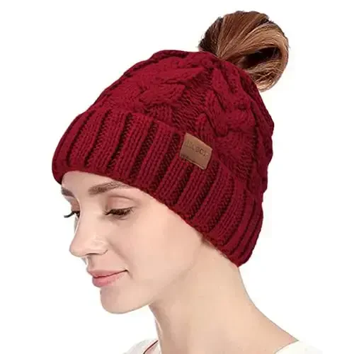 Rosoz Ponytail Beanie for Women,Winter Warm Beanie Tail Soft Stretch Cable Knit Messy High Bun Hat - 7