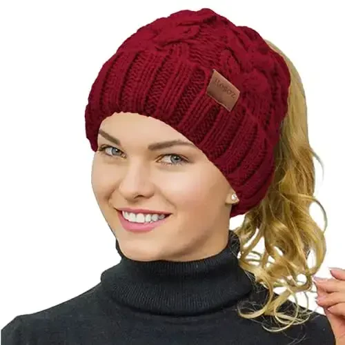 Rosoz Ponytail Beanie for Women,Winter Warm Beanie Tail Soft Stretch Cable Knit Messy High Bun Hat - ROSOZ