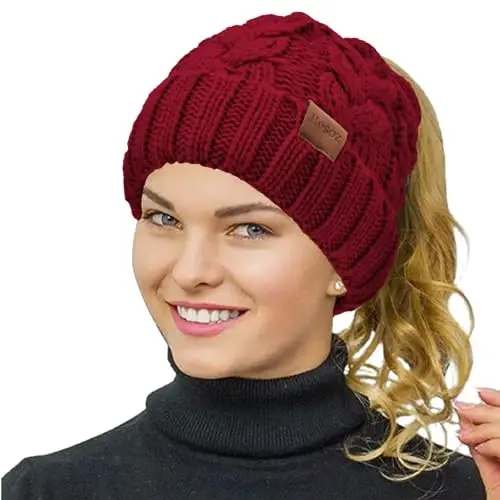 Rosoz Ponytail Beanie for Women,Winter Warm Beanie Tail Soft Stretch Cable Knit Messy High Bun Hat - ROSOZ