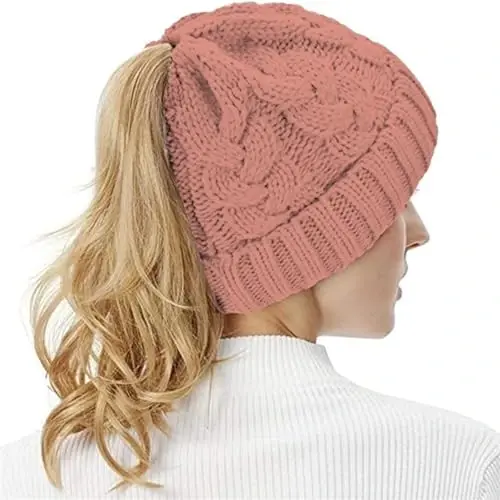 Rosoz Ponytail Beanie for Women,Winter Warm Beanie Tail Soft Stretch Cable Knit Messy High Bun Hat - 6