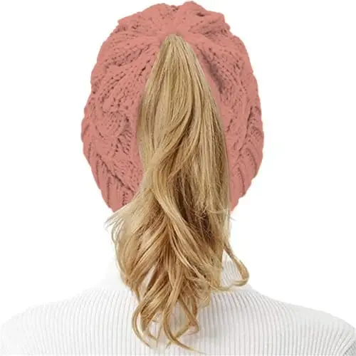 Rosoz Ponytail Beanie for Women,Winter Warm Beanie Tail Soft Stretch Cable Knit Messy High Bun Hat - 7