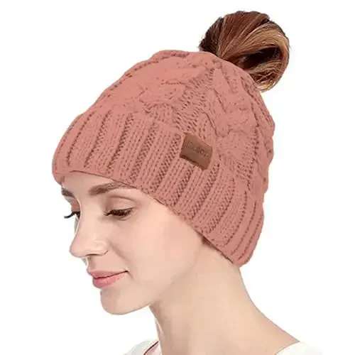 Rosoz Ponytail Beanie for Women,Winter Warm Beanie Tail Soft Stretch Cable Knit Messy High Bun Hat - ROSOZ (1)