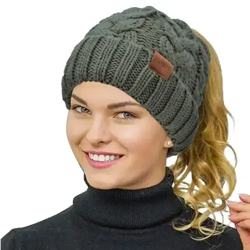 Rosoz Ponytail Beanie for Women,Winter Warm Beanie Tail Soft Stretch Cable Knit Messy High Bun Hat - 1
