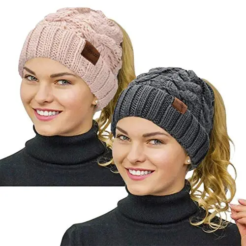 Rosoz Ponytail Beanie for Women,Winter Warm Beanie Tail Soft Stretch Cable Knit Messy High Bun Hat - 1
