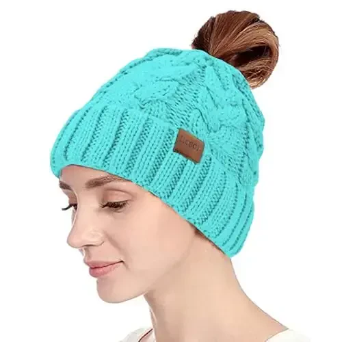 Rosoz Ponytail Beanie for Women,Winter Warm Beanie Tail Soft Stretch Cable Knit Messy High Bun Hat - ROSOZ (1)