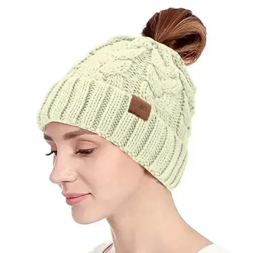 Rosoz Ponytail Beanie for Women,Winter Warm Beanie Tail Soft Stretch Cable Knit Messy High Bun Hat - 2