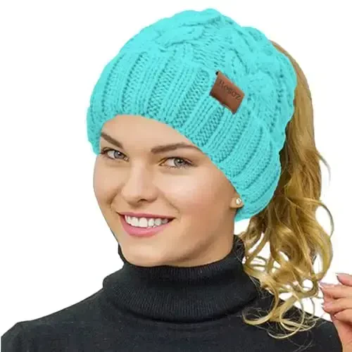 Rosoz Ponytail Beanie for Women,Winter Warm Beanie Tail Soft Stretch Cable Knit Messy High Bun Hat - ROSOZ