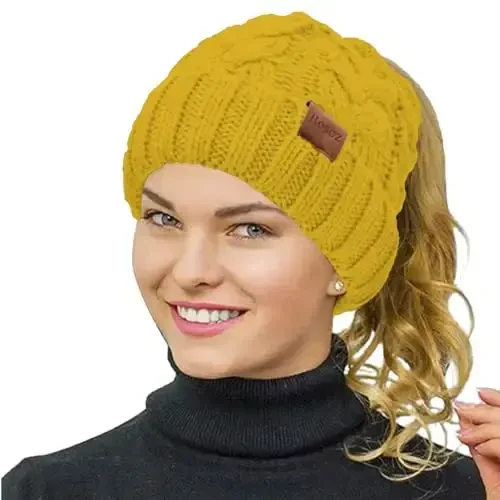 Rosoz Ponytail Beanie for Women,Winter Warm Beanie Tail Soft Stretch Cable Knit Messy High Bun Hat 