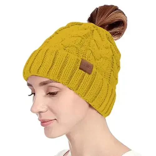 Rosoz Ponytail Beanie for Women,Winter Warm Beanie Tail Soft Stretch Cable Knit Messy High Bun Hat - ROSOZ (1)