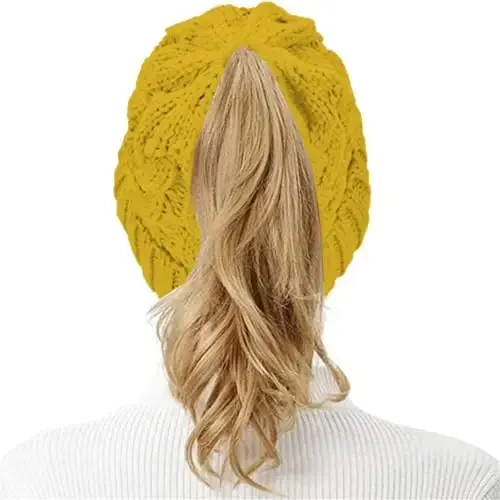 Rosoz Ponytail Beanie for Women,Winter Warm Beanie Tail Soft Stretch Cable Knit Messy High Bun Hat - 7
