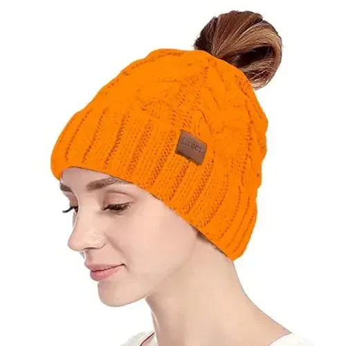 Rosoz Ponytail Beanie for Women,Winter Warm Beanie Tail Soft Stretch Cable Knit Messy High Bun Hat - 2