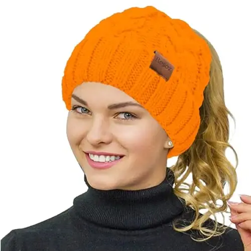 Rosoz Ponytail Beanie for Women,Winter Warm Beanie Tail Soft Stretch Cable Knit Messy High Bun Hat - 1