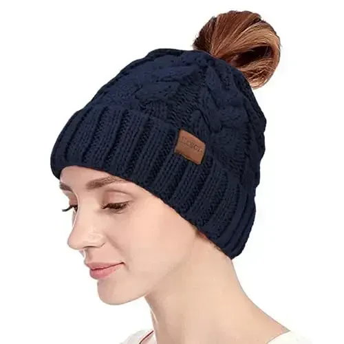 Rosoz Ponytail Beanie for Women,Winter Warm Beanie Tail Soft Stretch Cable Knit Messy High Bun Hat - ROSOZ (1)