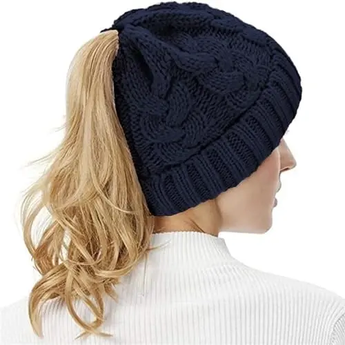 Rosoz Ponytail Beanie for Women,Winter Warm Beanie Tail Soft Stretch Cable Knit Messy High Bun Hat - 6