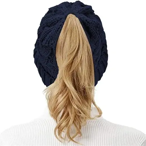 Rosoz Ponytail Beanie for Women,Winter Warm Beanie Tail Soft Stretch Cable Knit Messy High Bun Hat - 7