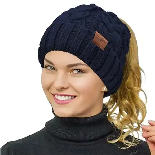 Rosoz Ponytail Beanie for Women,Winter Warm Beanie Tail Soft Stretch Cable Knit Messy High Bun Hat 