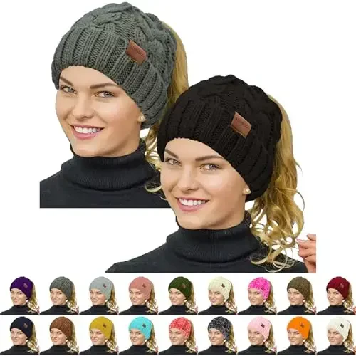 Rosoz Ponytail Beanie for Women,Winter Warm Beanie Tail Soft Stretch Cable Knit Messy High Bun Hat 