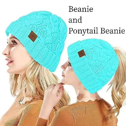 Rosoz Ponytail Beanie for Women,Winter Warm Beanie Tail Soft Stretch Cable Knit Messy High Bun Hat - 2