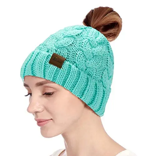 Rosoz Ponytail Beanie for Women,Winter Warm Beanie Tail Soft Stretch Cable Knit Messy High Bun Hat - 3