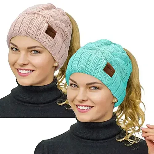 Rosoz Ponytail Beanie for Women,Winter Warm Beanie Tail Soft Stretch Cable Knit Messy High Bun Hat 