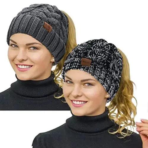 Rosoz Ponytail Beanie for Women,Winter Warm Beanie Tail Soft Stretch Cable Knit Messy High Bun Hat 