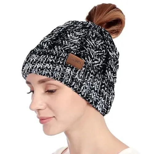 Rosoz Ponytail Beanie for Women,Winter Warm Beanie Tail Soft Stretch Cable Knit Messy High Bun Hat - 2