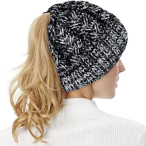 Rosoz Ponytail Beanie for Women,Winter Warm Beanie Tail Soft Stretch Cable Knit Messy High Bun Hat - 6