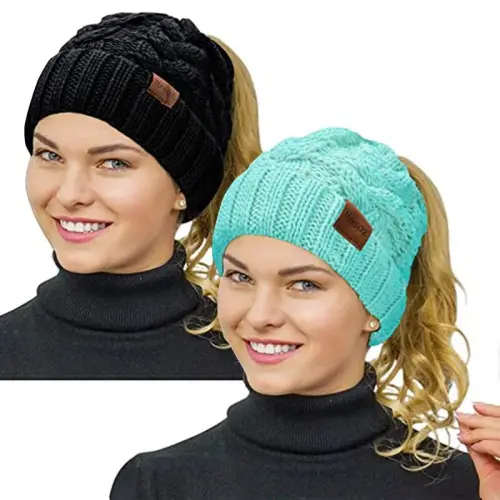 Rosoz Ponytail Beanie for Women,Winter Warm Beanie Tail Soft Stretch Cable Knit Messy High Bun Hat - 1