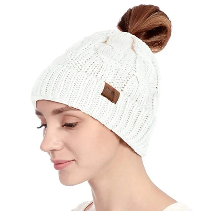 Rosoz Ponytail Beanie for Women,Winter Warm Beanie Tail Soft Stretch Cable Knit Messy High Bun Hat - 2