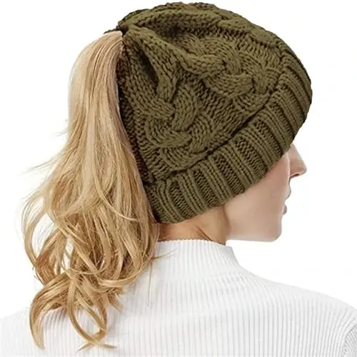 Rosoz Ponytail Beanie for Women,Winter Warm Beanie Tail Soft Stretch Cable Knit Messy High Bun Hat - 6